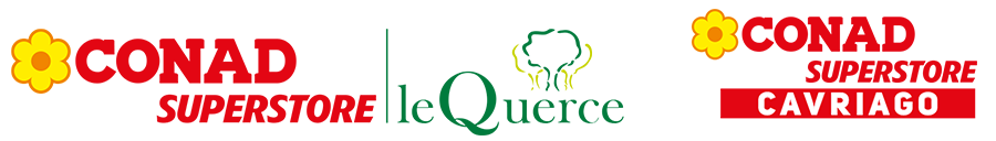 Logo Conad Superstore con aggiunta di logo Le Querce, in verde con una quercia stilizzata e Conad Supestore Cavriago.