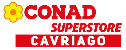 Logo Conad Superstore Caviago, fatta da logo Conad con aggiunta di box rosso con impresso in bianco scritta 'Cavriago'