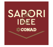 Logo Sapori e Idee Conad, quadrato amaranto con al suo interno scritte SAPORI, e IDEE subito sotto, poi CONAD più piccolo in colore giallo